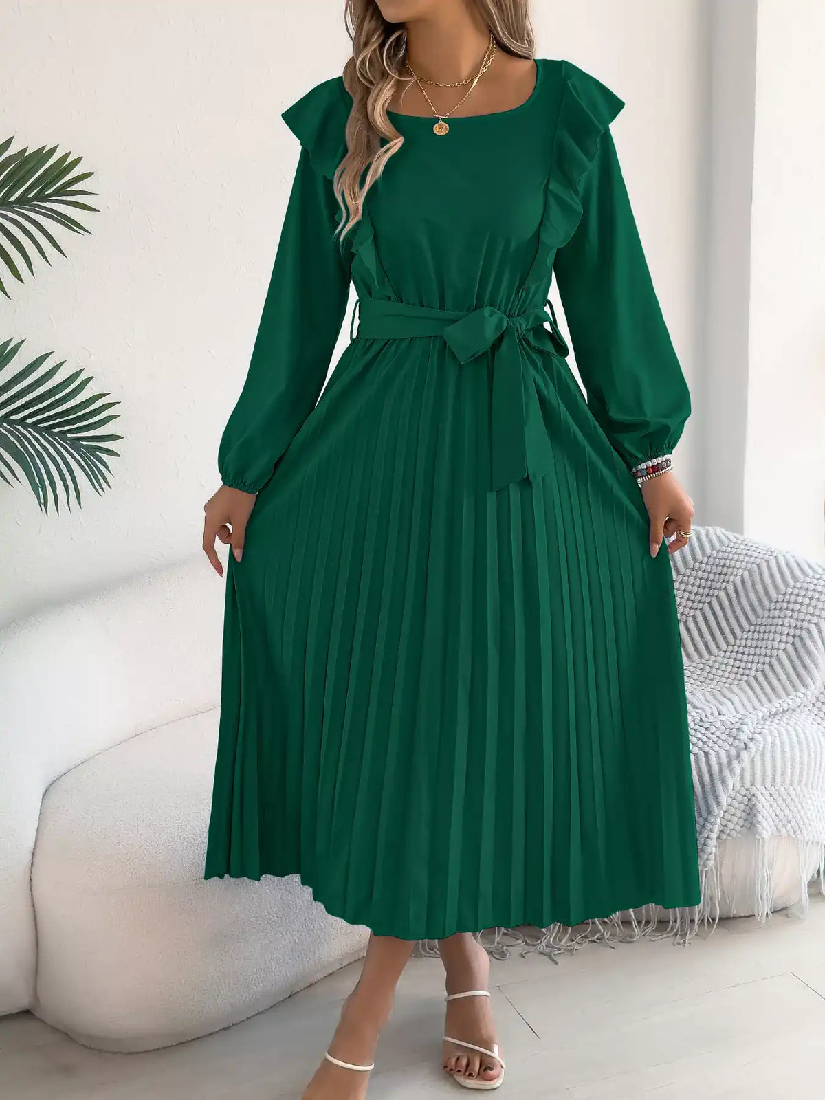 Ruffled Pleated Midi Dress with Waist Tie 101001197851740 44 Affordable Fashion Under $100 Jerry's Apparel 