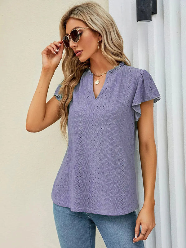 Eyelet Notched Short Sleeve T-Shirt