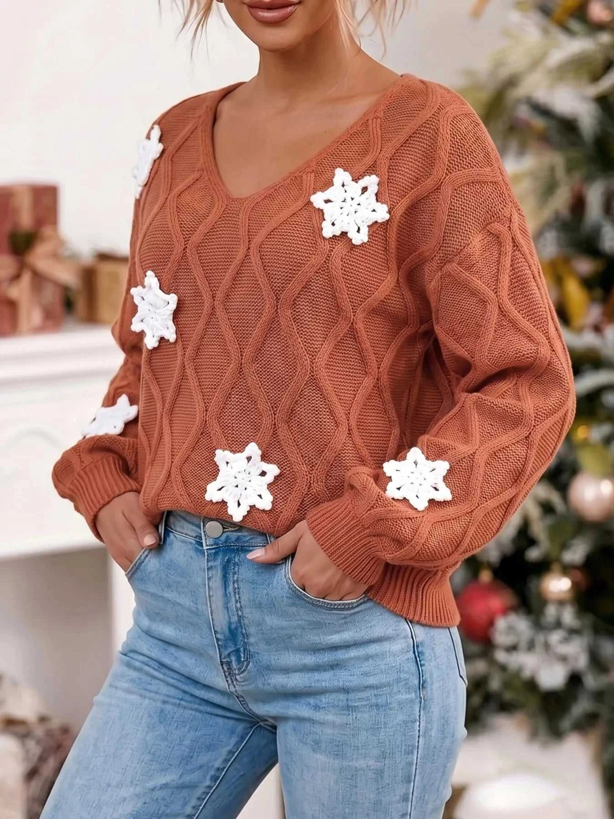 Snowflake Textured V-Neck Sweater 101002212171336 40 Affordable Fashion Under $100 Jerry's Apparel 