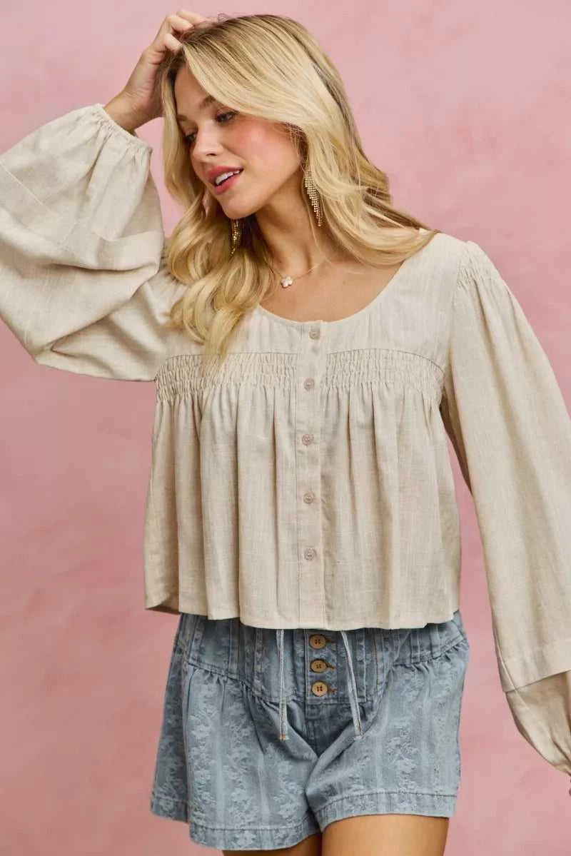 SO ME Linen Blend Woven Long Sleeve With Smocking Top 100100082081653 47 Affordable Fashion Under $100 Jerry's Apparel 