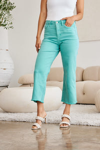 Full Size Tummy Control High Waist Raw Hem Jeans Island Green