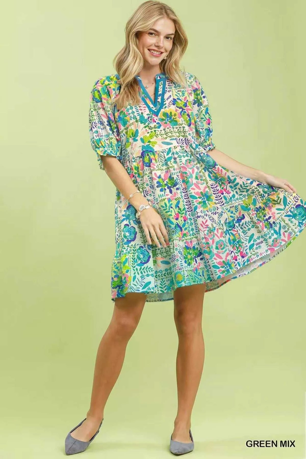 Umgee Mix Botanical Print Puff Sleeve Tiered Dress 100100382521244 62 Affordable Fashion Under $100 Jerry's Apparel 