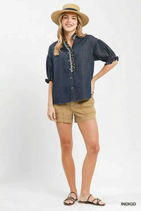 Umgee Chambray Scalloped Trim Button Front Blouse 100100735061175 57 Affordable Fashion Under $100 Jerry's Apparel 