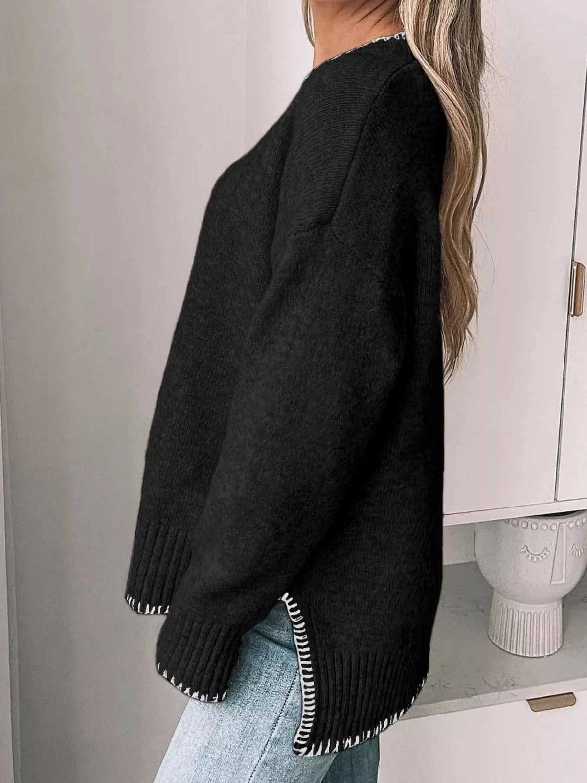 Slit Contrast Trim Round Neck Sweater 100100361481876 46 Affordable Fashion Under $100 Jerry's Apparel 