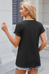 Buttoned Round Neck Short Sleeve T-Shirt