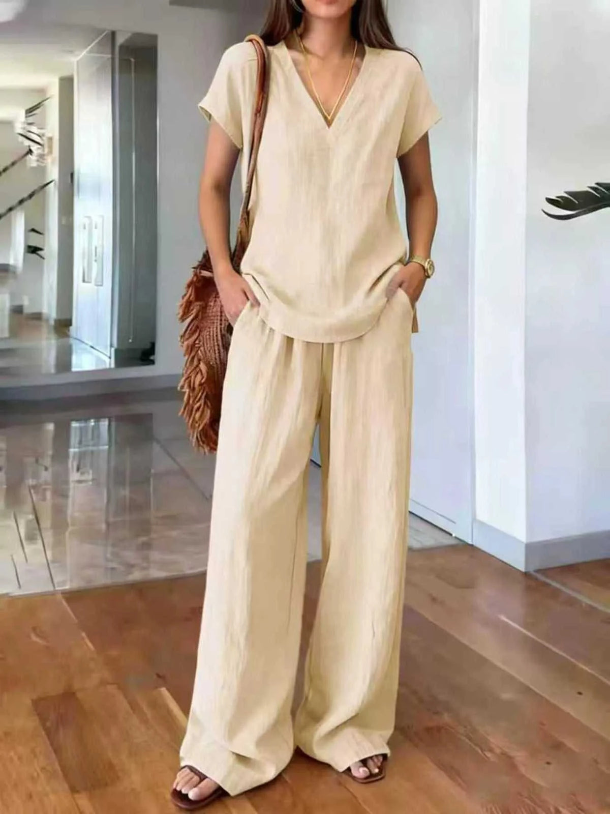 Full Size V-Neck Short Sleeve Top and Pants Set Plus Size 100100910451013 35 Affordable Fashion Under $100 Jerry's Apparel 