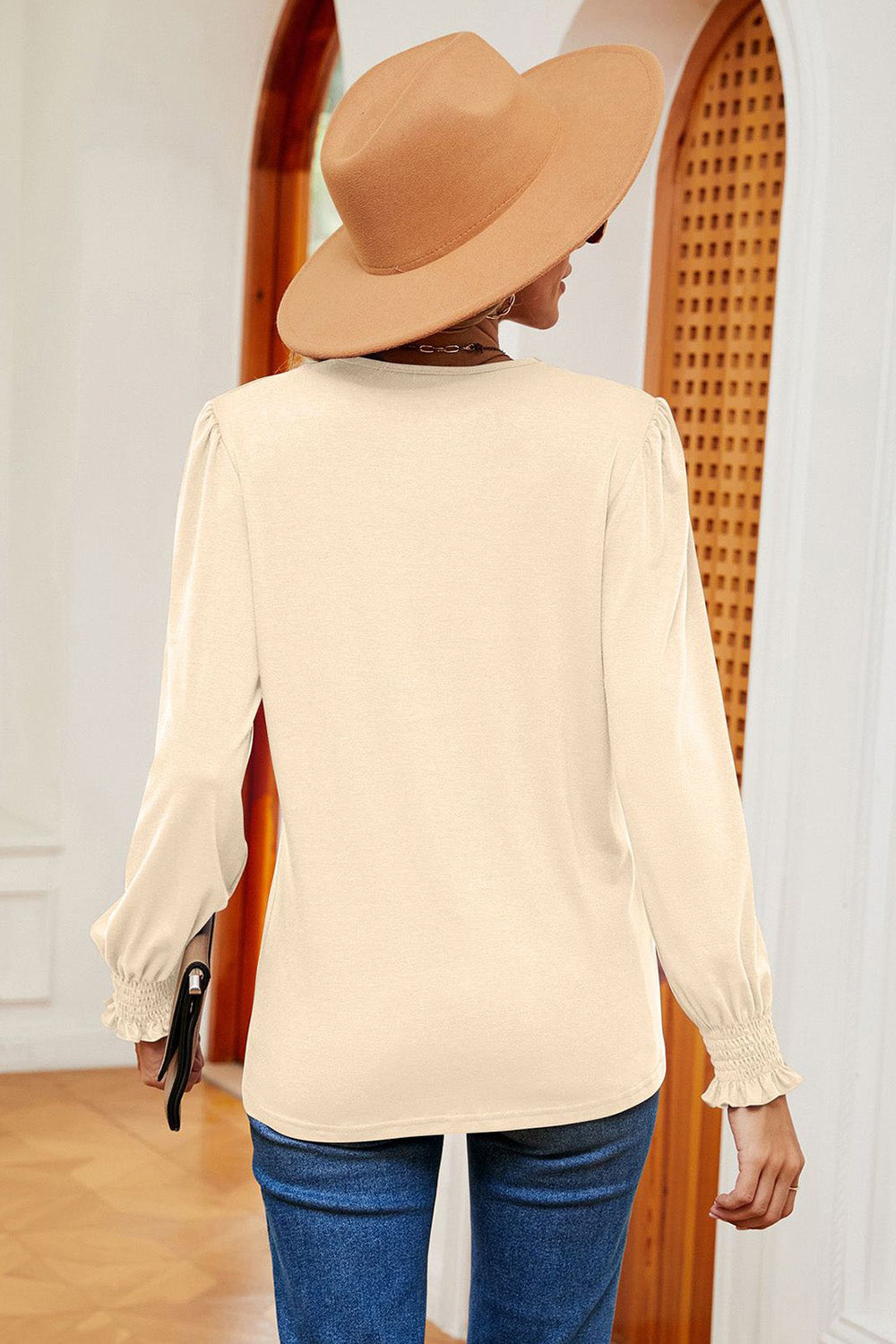 Lace Detail V-Neck Lantern Sleeve T-Shirt