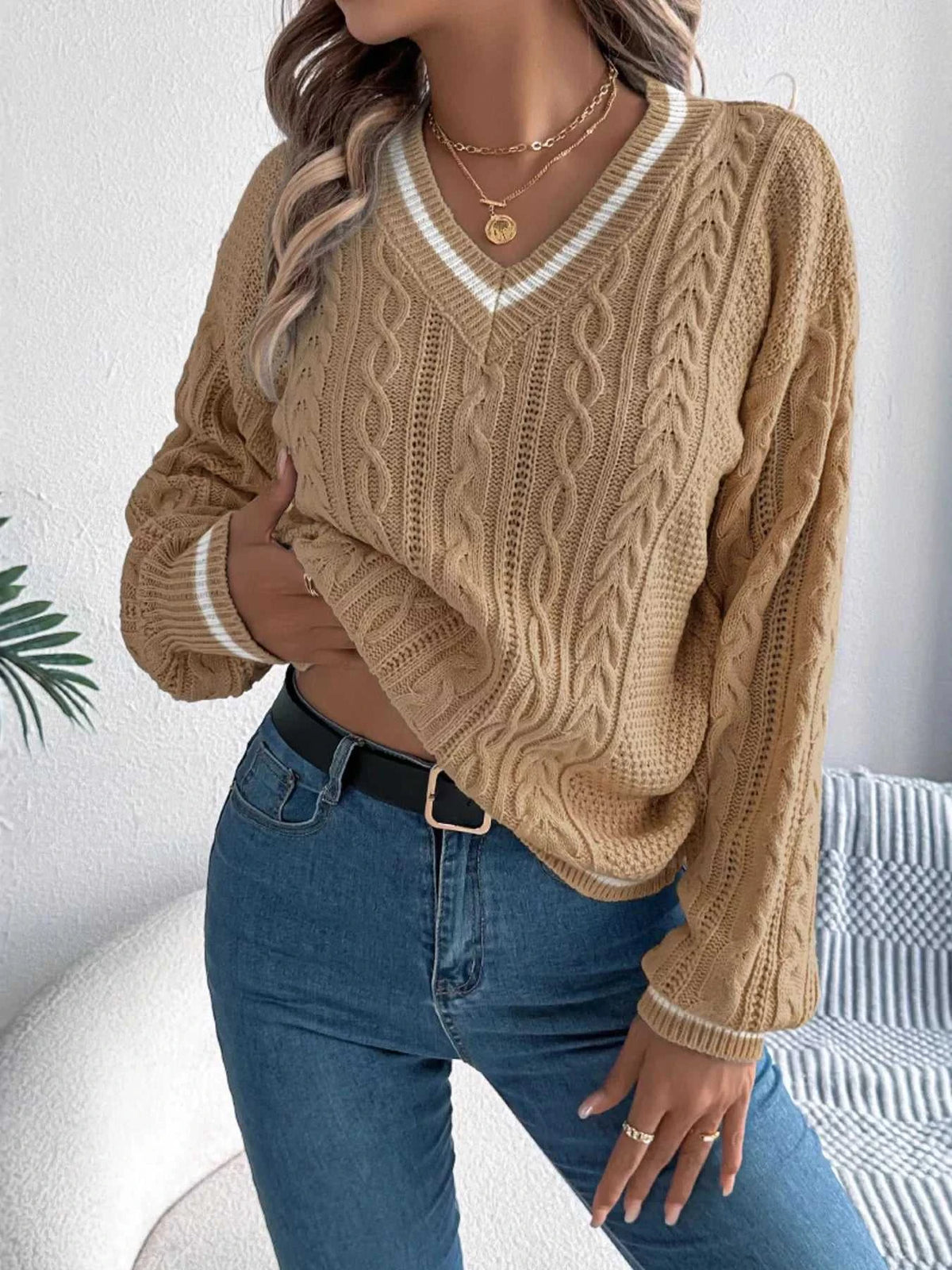 V-Neck Cable Knit Sweater with Striped Trim 101002502315459 35 Affordable Fashion Under $100 Jerry's Apparel 