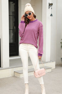 Angel Wings Striped Round Neck Dropped Shoulder Sweater