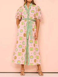 Printed Puff Sleeve Midi Shirt Dress