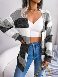 Striped Rib-Knit Open Front Longline Cardigan