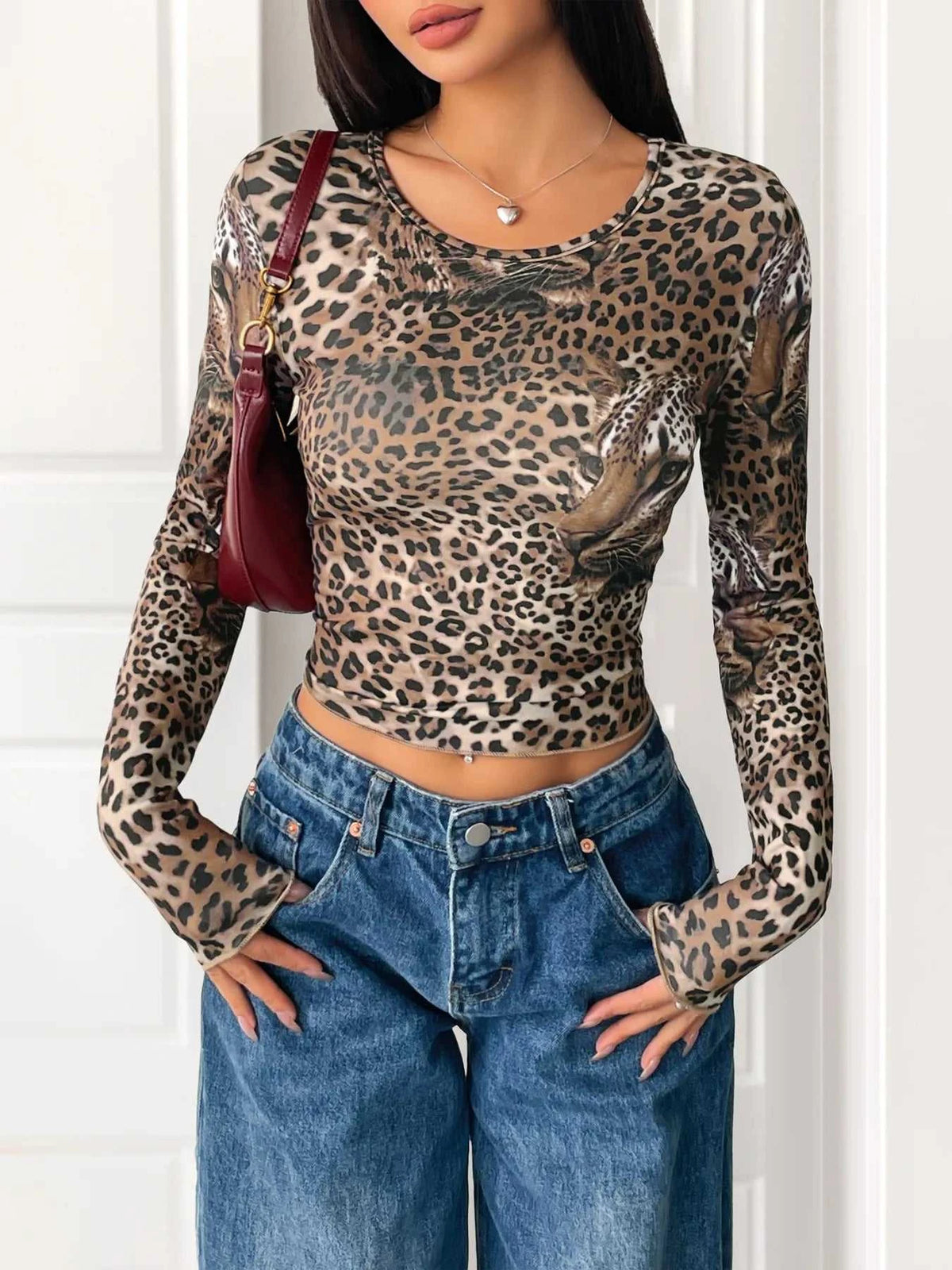 Leopard Print Long Sleeve Fitted T-Shirt 100100083367836 27 Affordable Fashion Under $100 Jerry's Apparel 