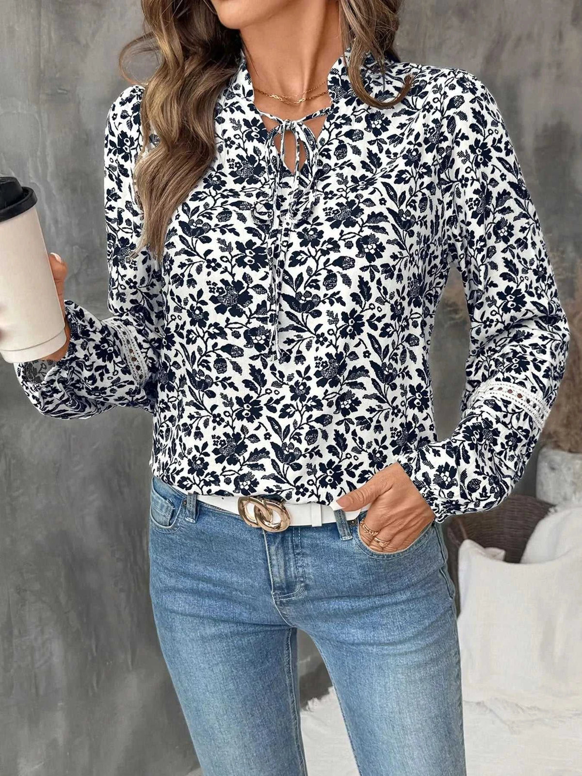 Printed Tie Neck Long Sleeve Blouse 100100483446617 35 Affordable Fashion Under $100 Jerry's Apparel 