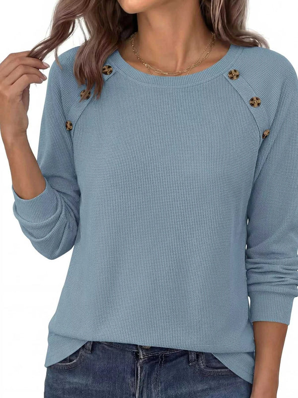 Decorative Button Waffle Knit Long Sleeve T-Shirt 101001761177088 47 Affordable Fashion Under $100 Jerry's Apparel 