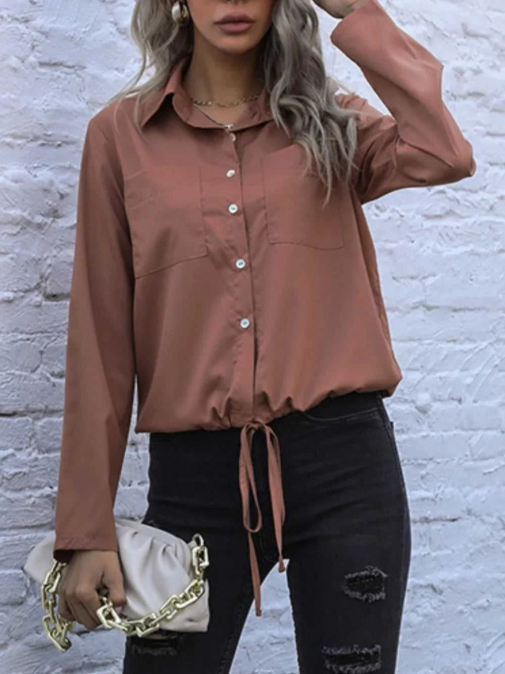 Perfee Tied Hem Button Down Long Sleeve Shirt 100100484971285 33 Affordable Fashion Under $100 Jerry's Apparel 