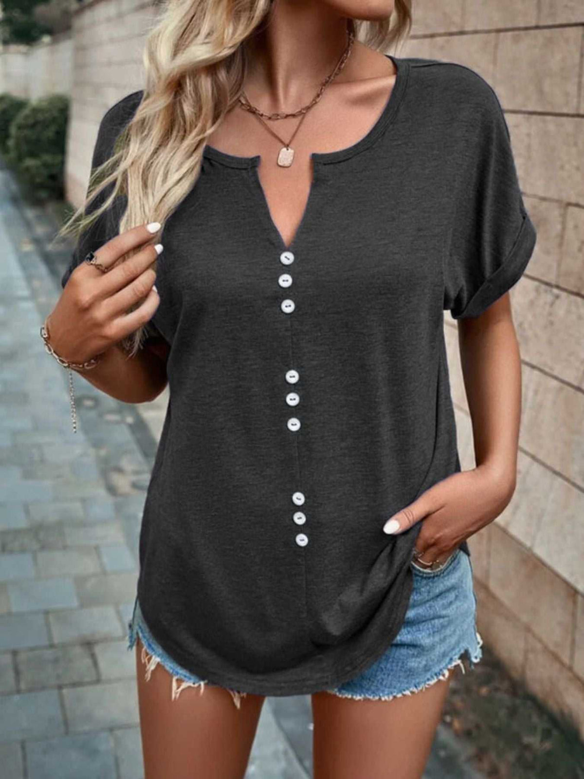 Full Size Decor Button Short Sleeve T-Shirt Plus Size 100100492662512 24 Affordable Fashion Under $100 Jerry's Apparel 