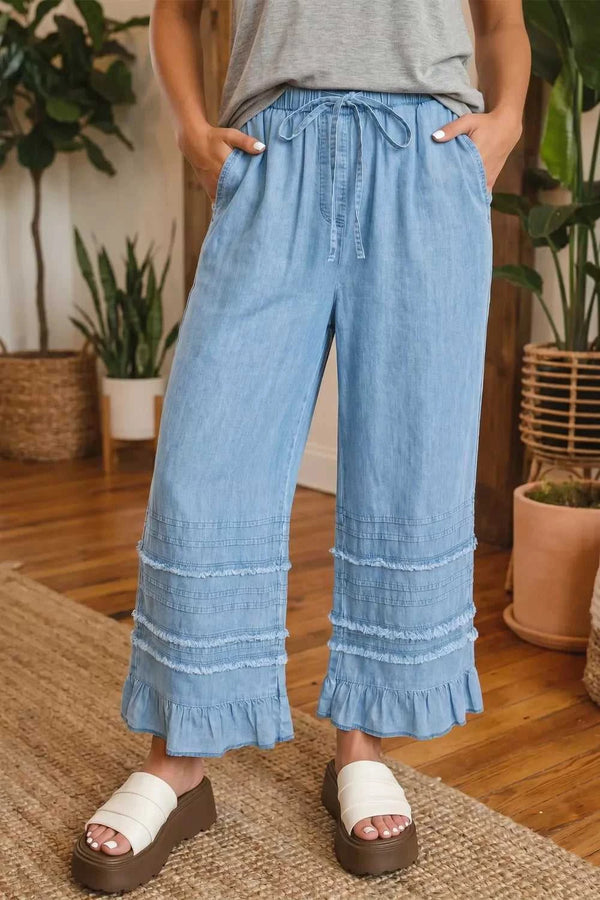 Ruffled Hem Wide Leg Chambray Jeans 100100466980988 74 Affordable Fashion Under $100 Jerry's Apparel 