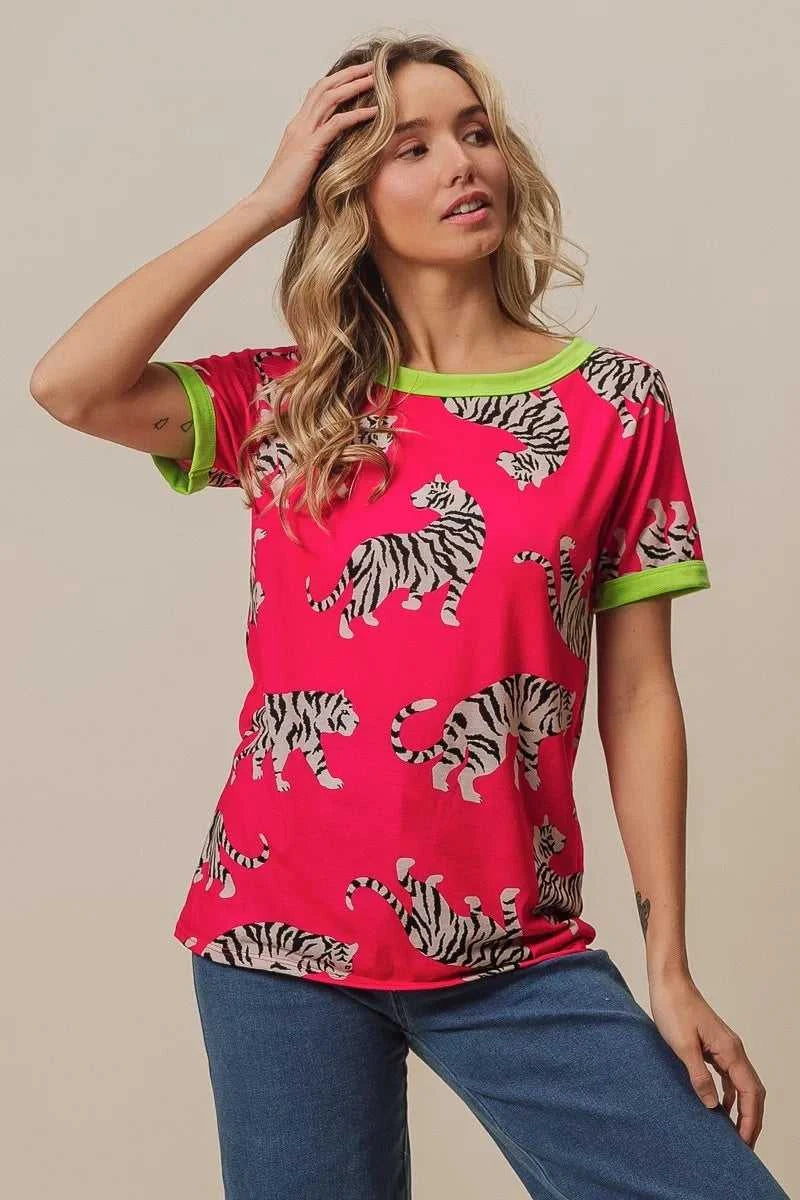 BiBi Big Tiger Print Jersey Contrast Ringer Top 100100215151725 27 Affordable Fashion Under $100 Jerry's Apparel 