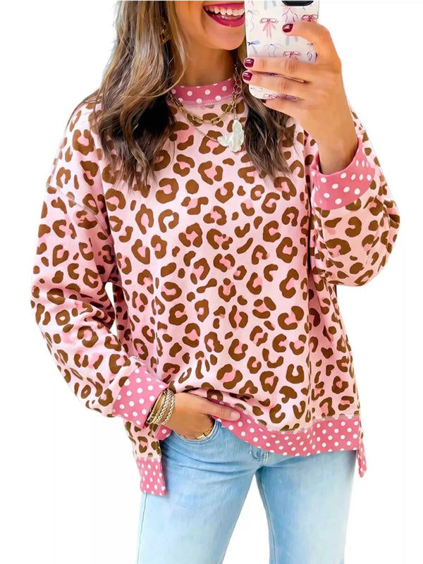 Side Slit Leopard Sweatshirt with Polka Dot Trim 101001649980045 52 Affordable Fashion Under $100 Jerry's Apparel 