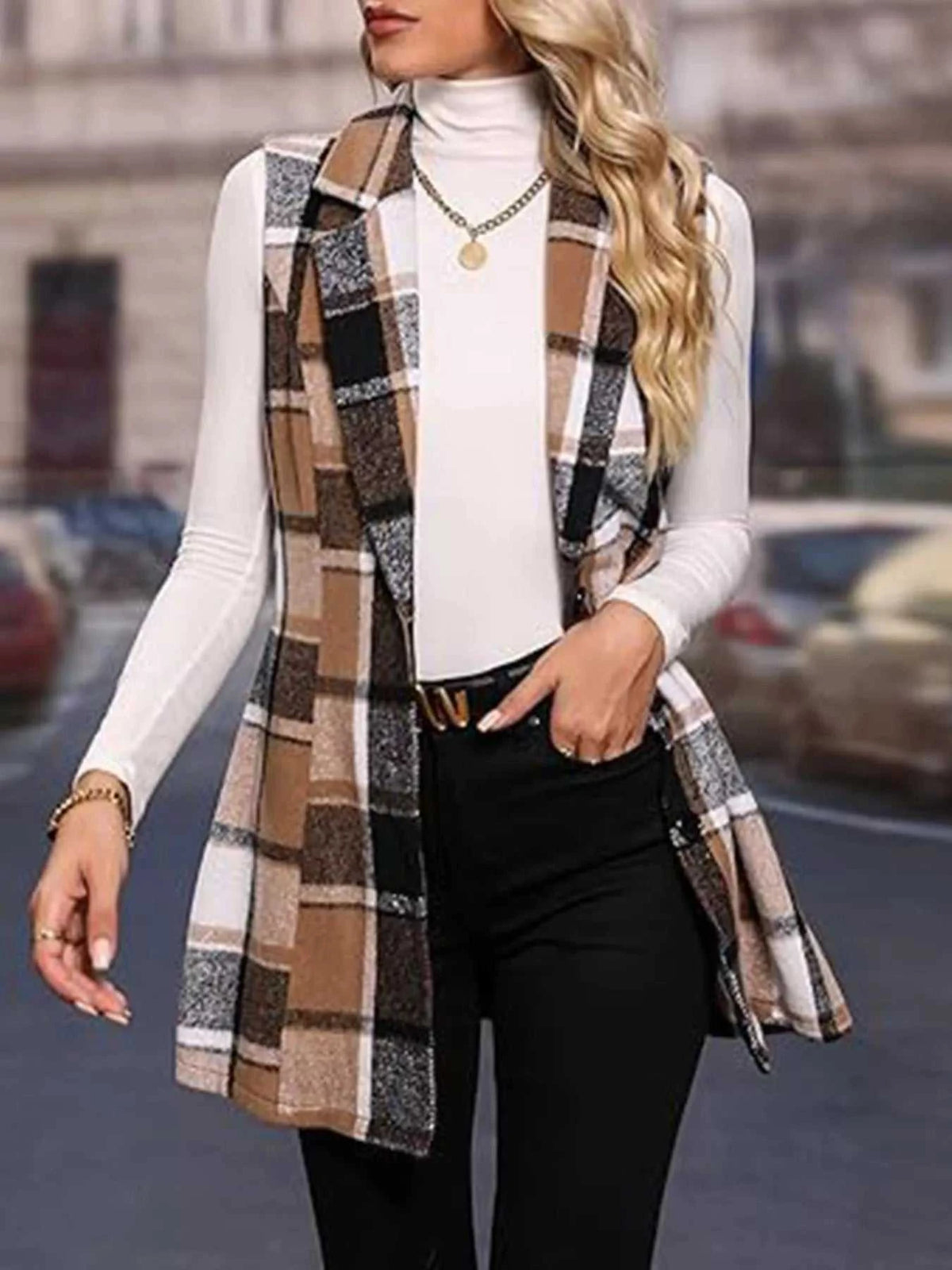 Plaid Button Up Vest Coat 100100372928578 23 Women's Outerwear Jerry's Apparel 