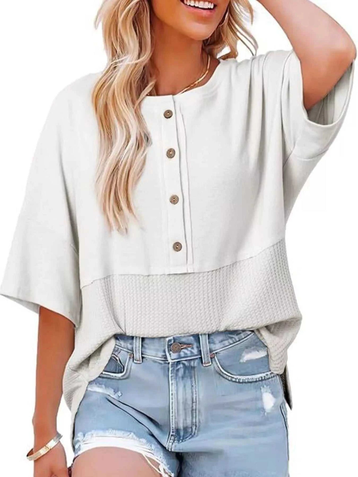 Button Detail Texture Knit T-Shirt 100100489140397 26 Affordable Fashion Under $100 Jerry's Apparel 