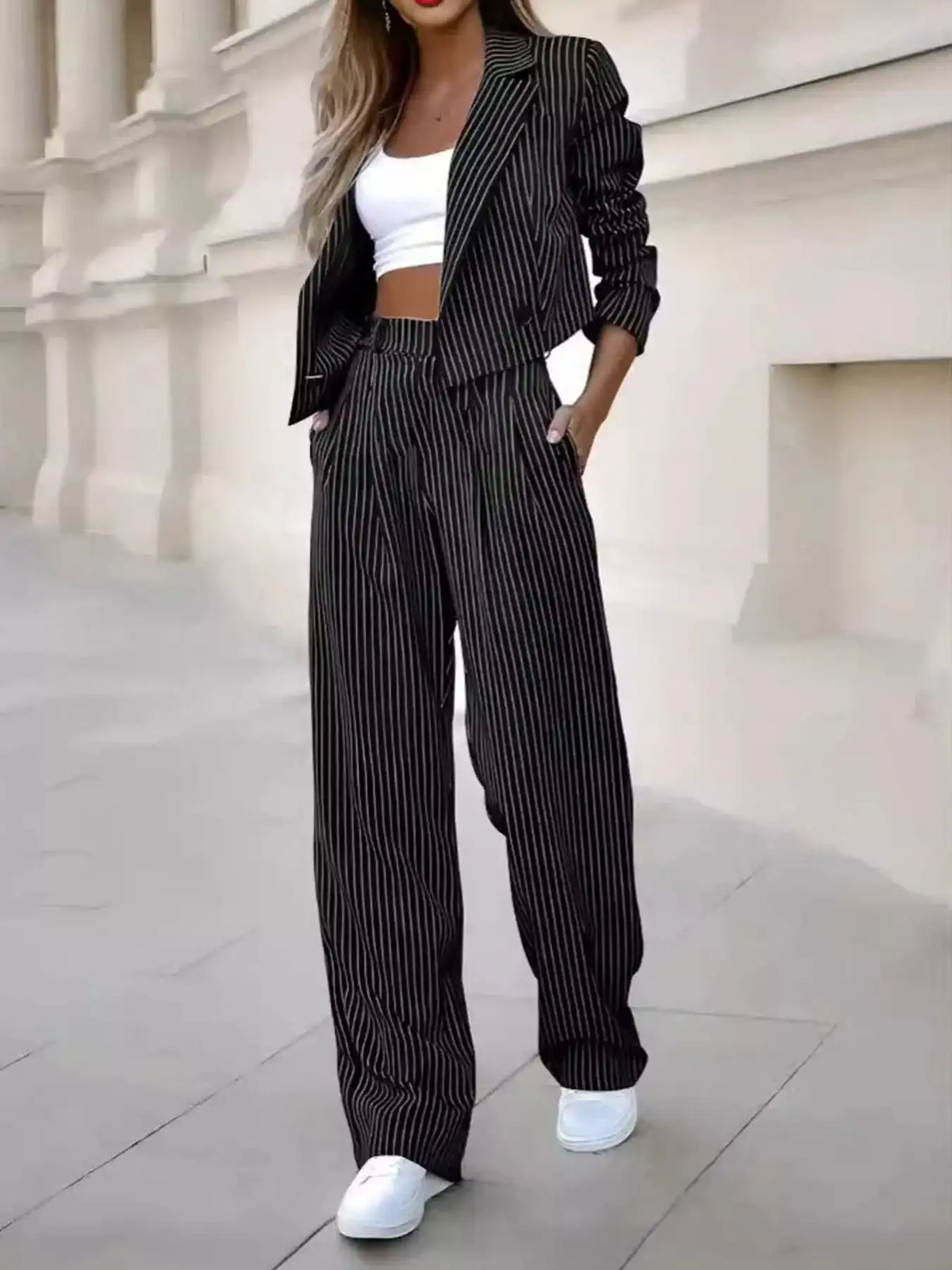 Striped Cropped Blazer and Wide-Leg Pants Two-Piece Set 101001182680323 73 Affordable Fashion Under $100 Jerry's Apparel 