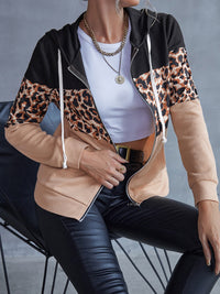 Ivy Lane Drawstring Leopard Zip Up Hooded Jacket