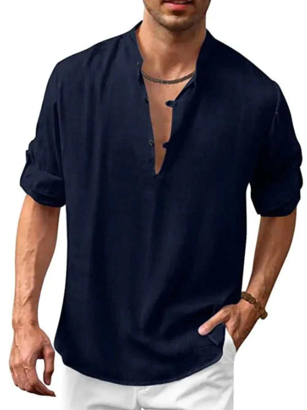 Men's Full Size Button Detail Roll-Tab Sleeve Top Plus Size