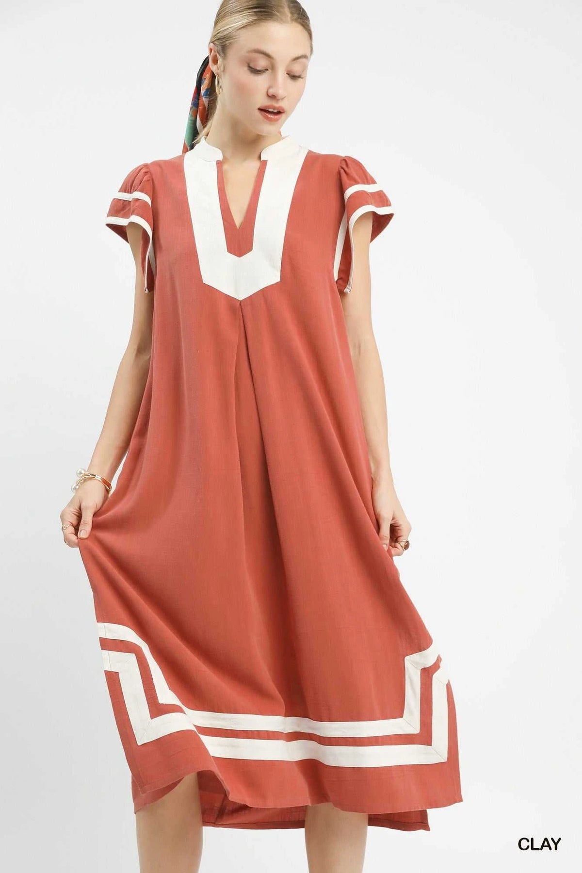 Umgee Linen Cotton Contrast Neckline Midi Dress 100100408721206 62 Affordable Fashion Under $100 Jerry's Apparel 