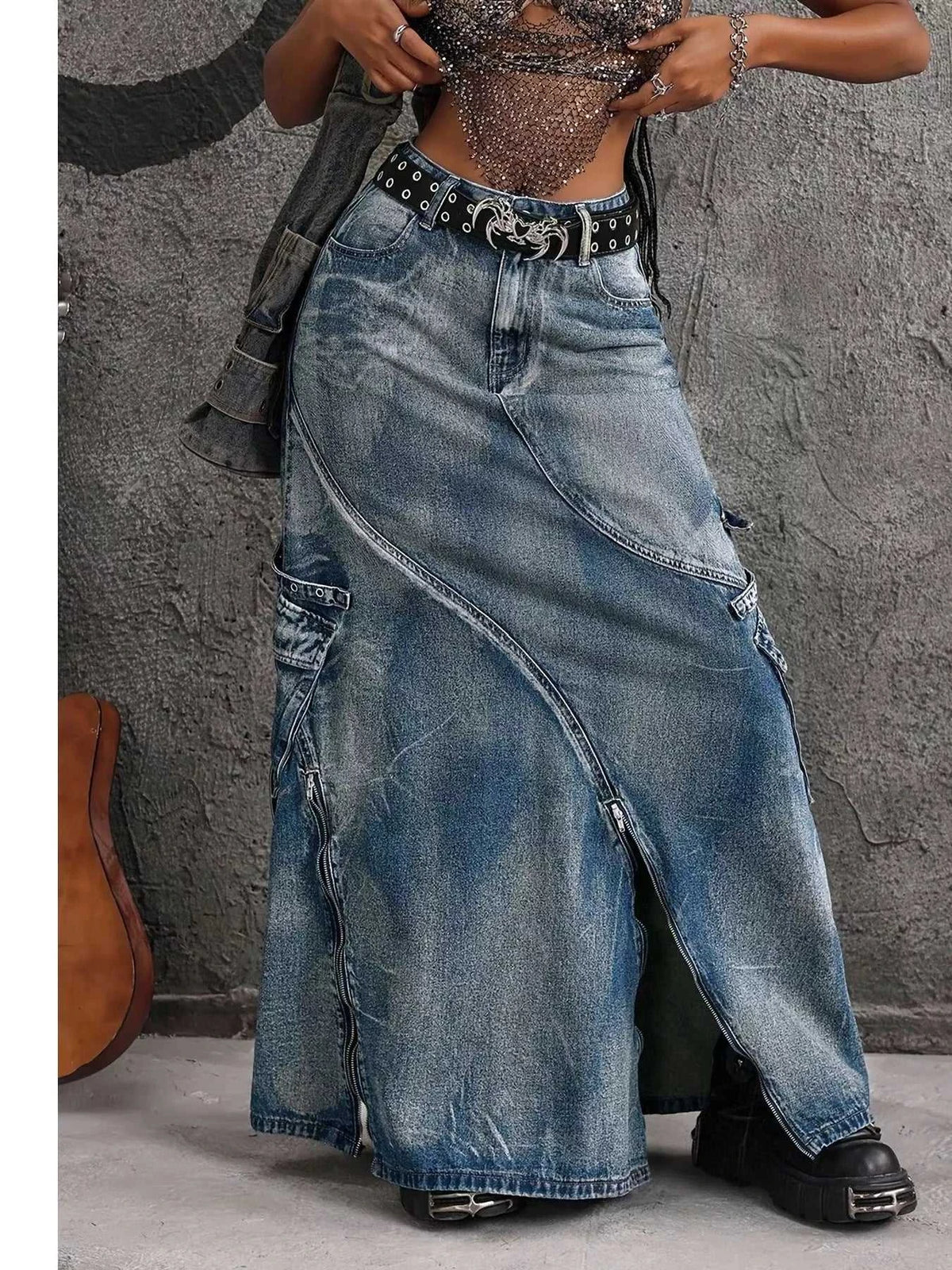 High-Waisted Denim Maxi Skirt with Zipper Slit 101003163311777 55 Affordable Fashion Under $100 Jerry's Apparel 