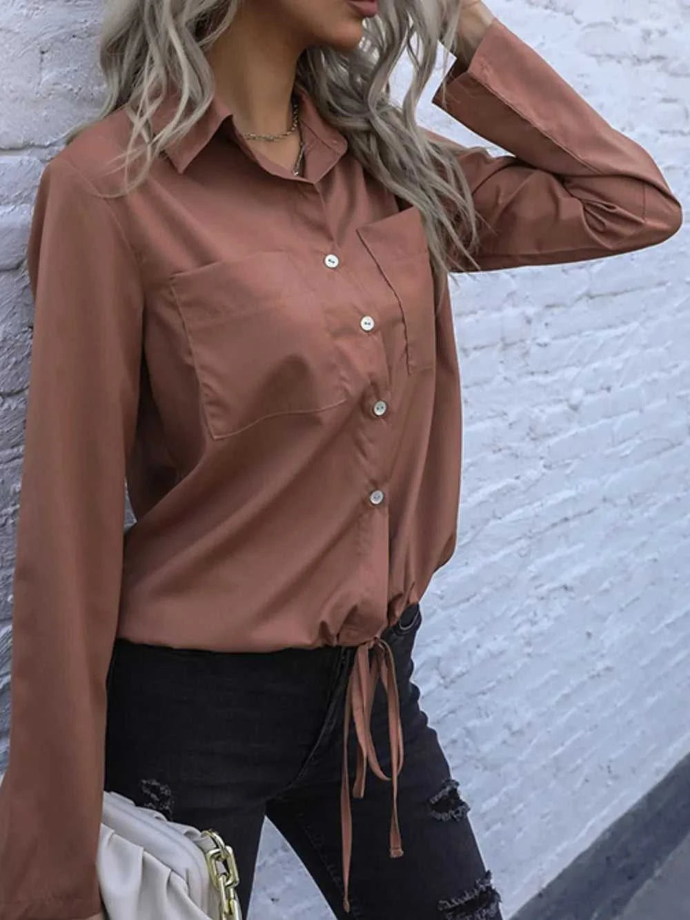 Perfee Tied Hem Button Down Long Sleeve Shirt 100100484971285 33 Affordable Fashion Under $100 Jerry's Apparel 