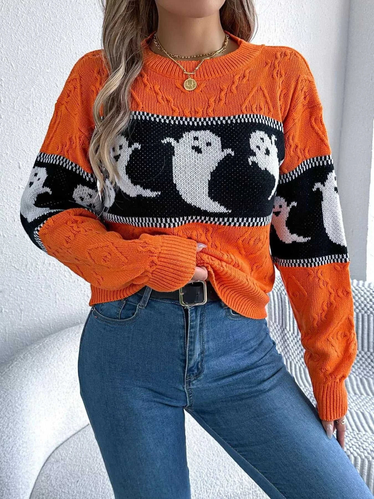 Halloween Ghost Pattern Textured Sweater 101002208811707 37 Affordable Fashion Under $100 Jerry's Apparel 