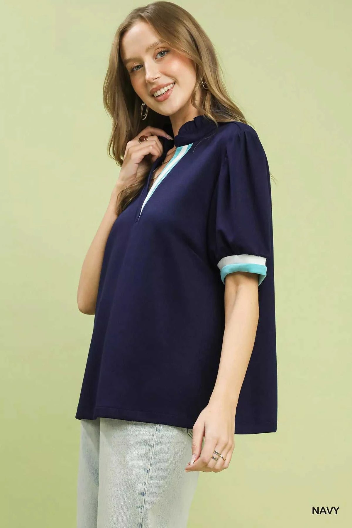 Umgee Luxe knit Contrast Trim Puff Sleeve Top 100100435121072 49 Affordable Fashion Under $100 Jerry's Apparel 