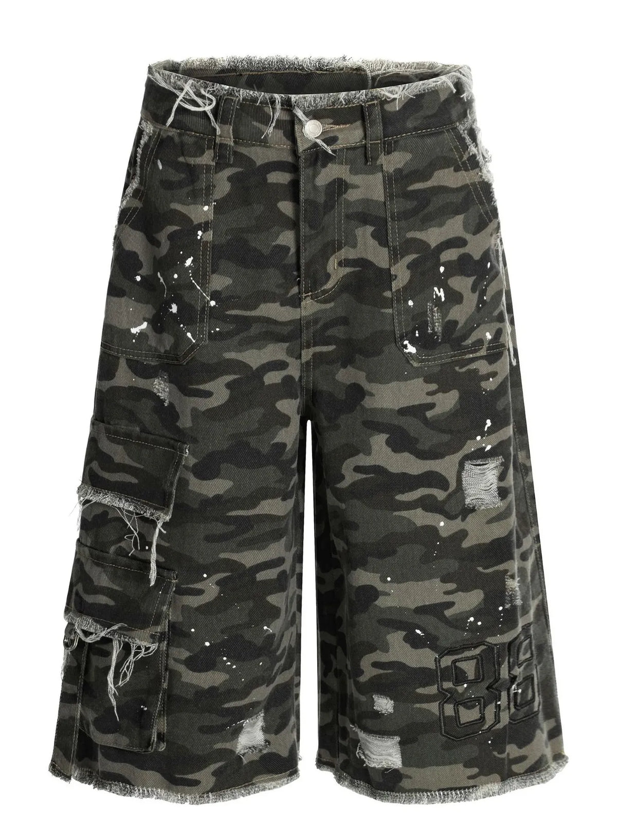 Men's Distressed Camo Print Cargo Denim Shorts