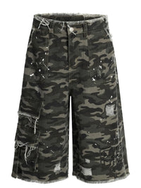 Men's Distressed Camo Print Cargo Denim Shorts