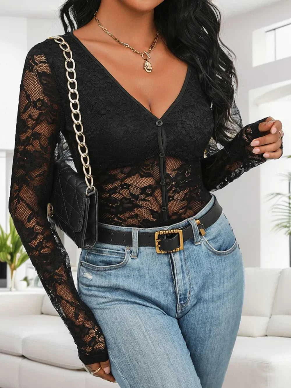 Perfee Lace V-Neck Long Sleeve Bodysuit 100100551501196 32 Affordable Fashion Under $100 Jerry's Apparel 