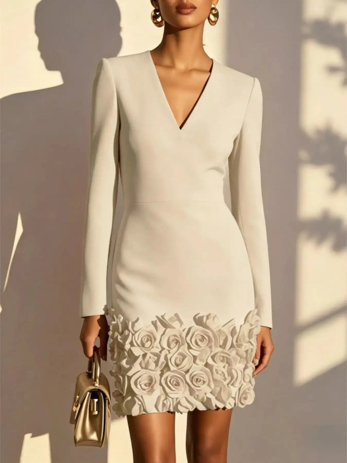 V-Neck Long Sleeve Mini Dress with 3D Rose Floral Hem 101001375780495 54 Affordable Fashion Under $100 Jerry's Apparel 