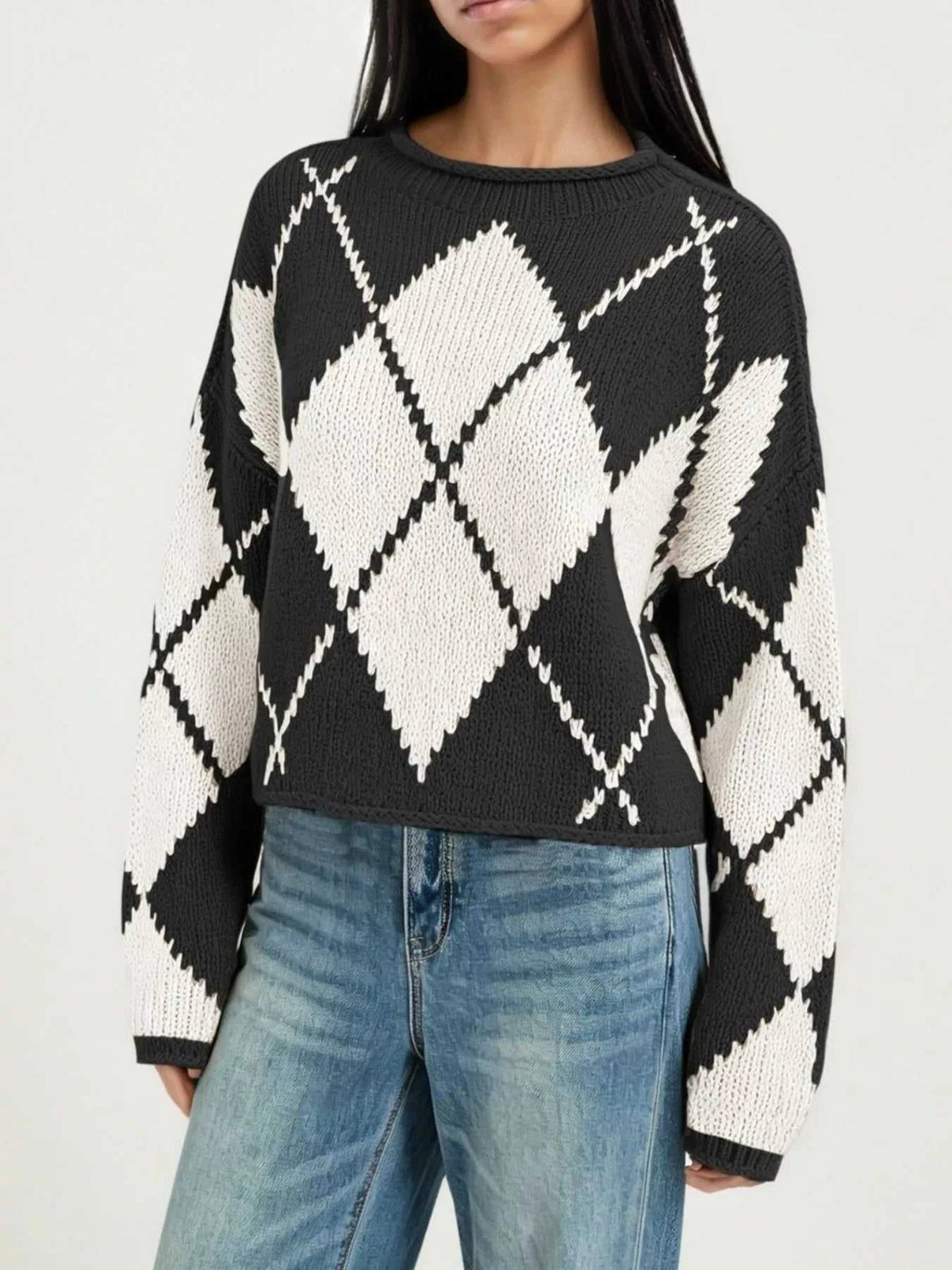 Argyle Pattern Knit Dropped Shoulder Sweater 100100844660276 45 Affordable Fashion Under $100 Jerry's Apparel 