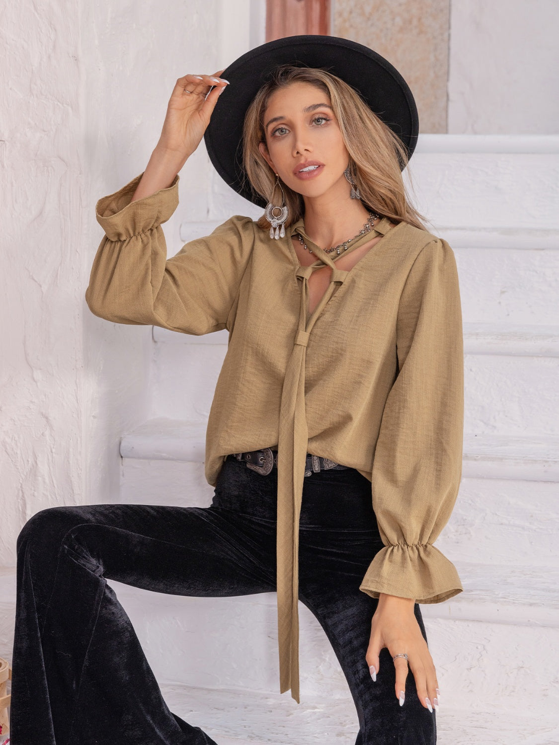 Ruched Flounce Sleeve Blouse