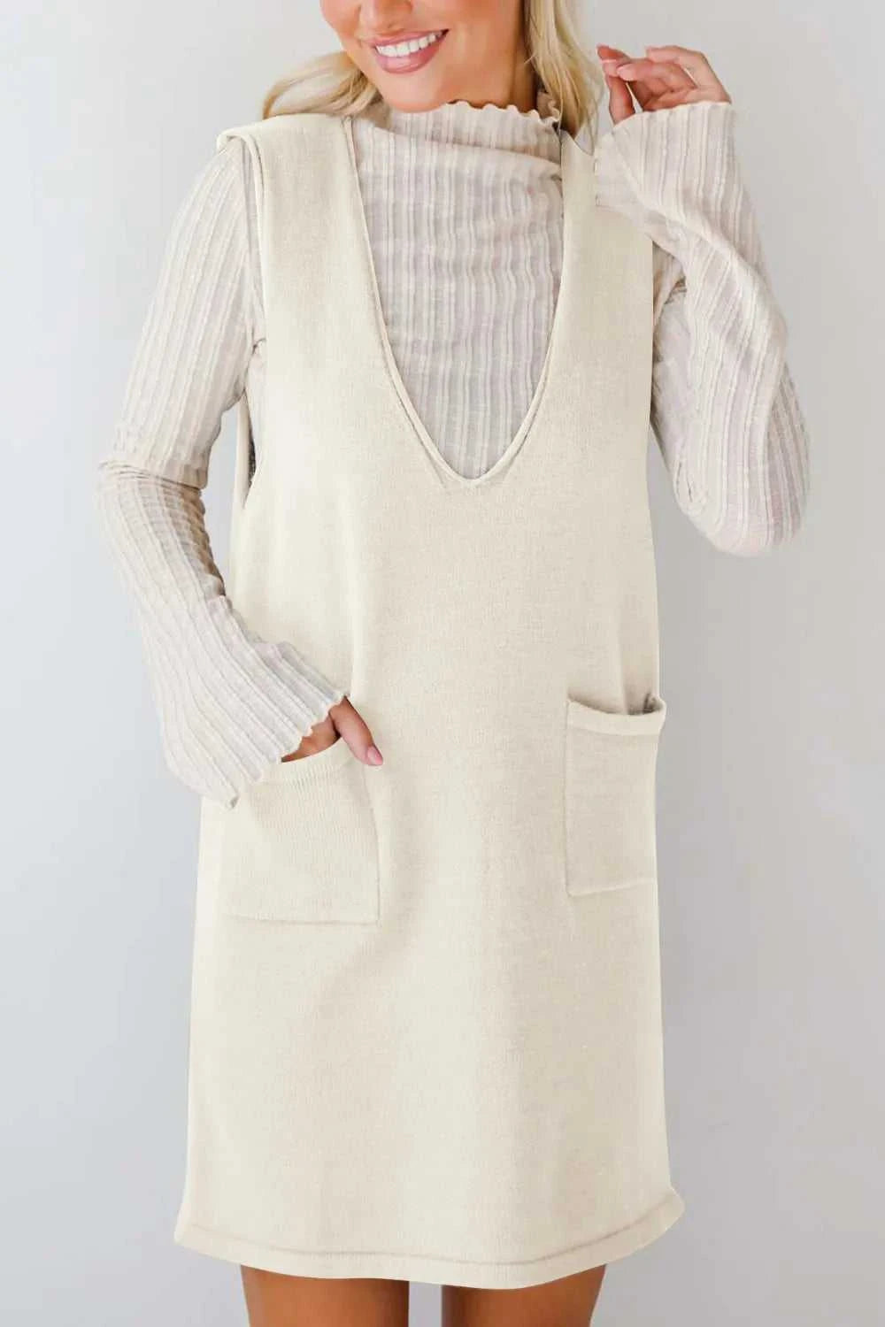 Lovelet Pocketed V-Neck Mini Sweater Overall Dress 100100741662145 42 Affordable Fashion Under $100 Jerry's Apparel 