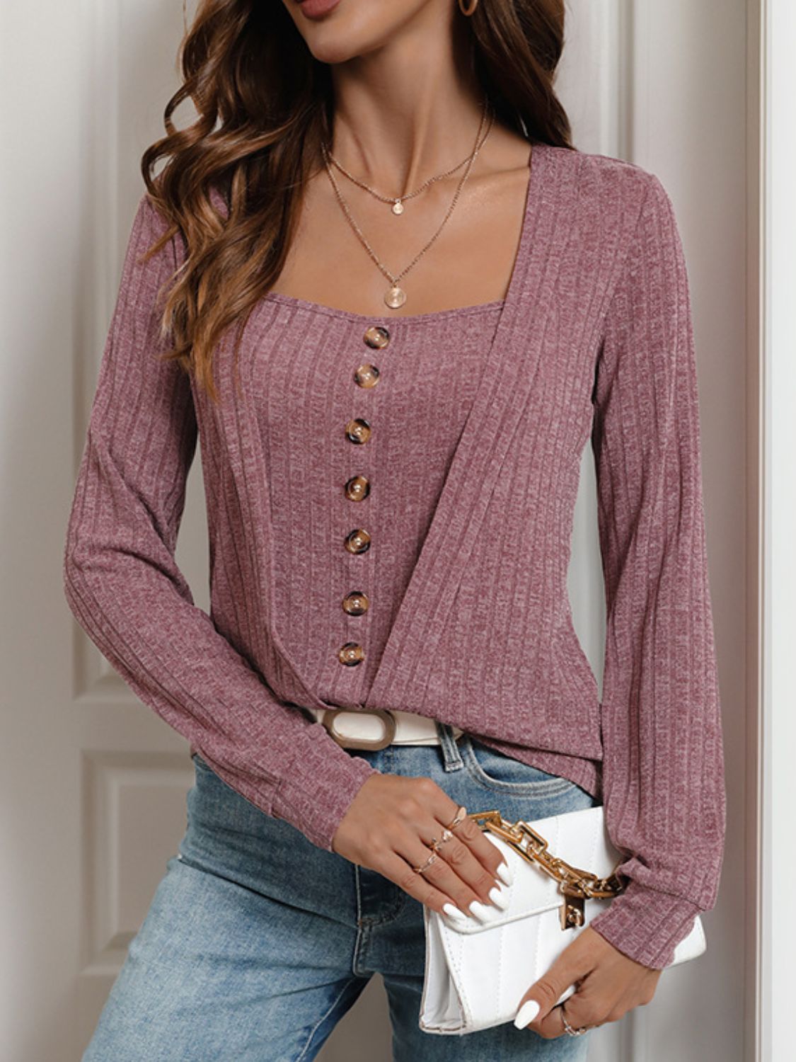 Perfee Square Neck Long Sleeve T-Shirt