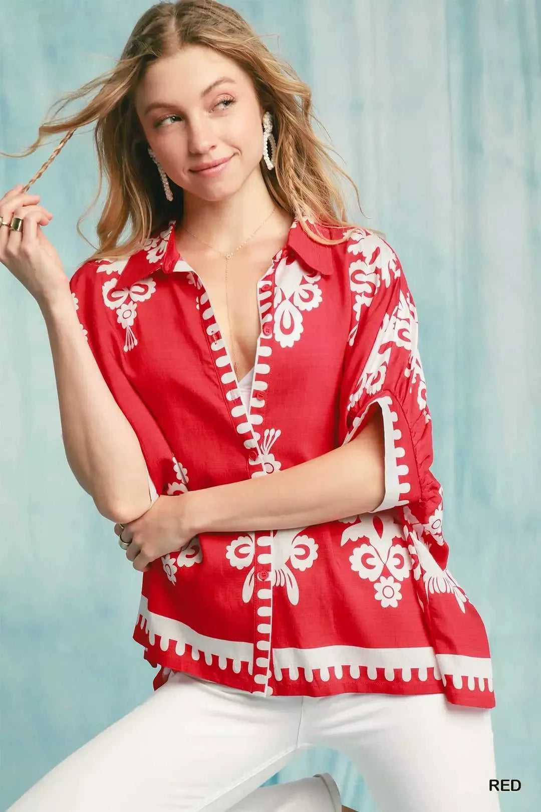 Umgee Abstract Print Button Down Short Sleeve Shirt 100100903931595 45 Affordable Fashion Under $100 Jerry's Apparel 