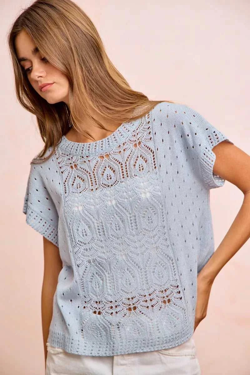 BiBi Washed Eyelet Short Sleeve Breathable Knit Top 100100212911752 43 Affordable Fashion Under $100 Jerry's Apparel 