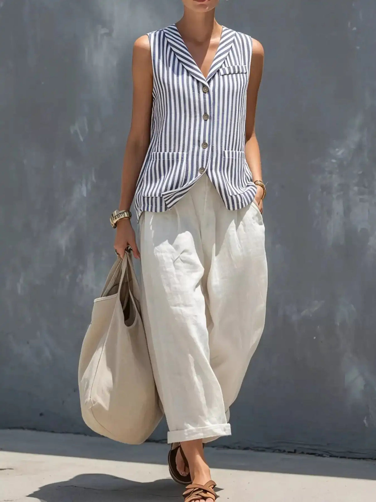 Striped Button Down Vest and Pants Set 101001117768107 90 Women's Pants Set Gifts for Her Jerry's Apparel 