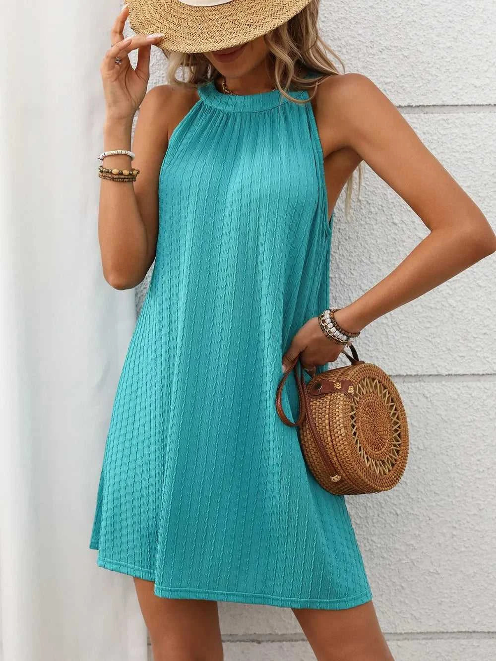 Textured Grecian Neck Mini Dress 100100516101866 24 Affordable Fashion Under $100 Jerry's Apparel 
