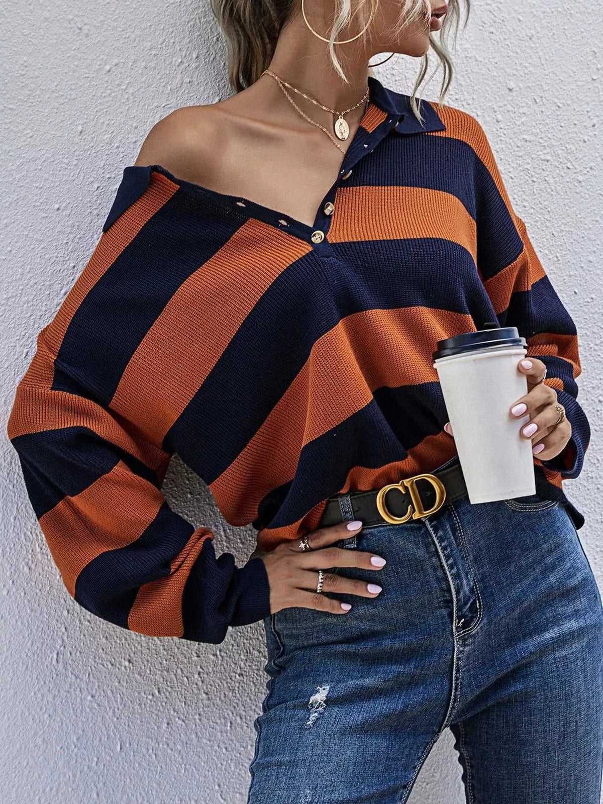 Striped Button Detail Dropped Shoulder Knit Top 100100126362479 34 Affordable Fashion Under $100 Jerry's Apparel 