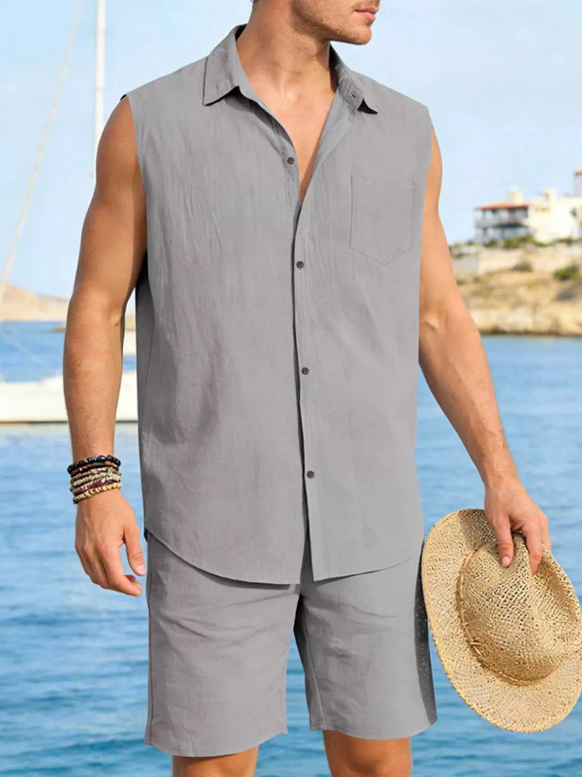 Men's Full Size Button Up Sleeveless Top and Shorts Plus Size 100400363418053 40 Men's Sets Jerry's Apparel 