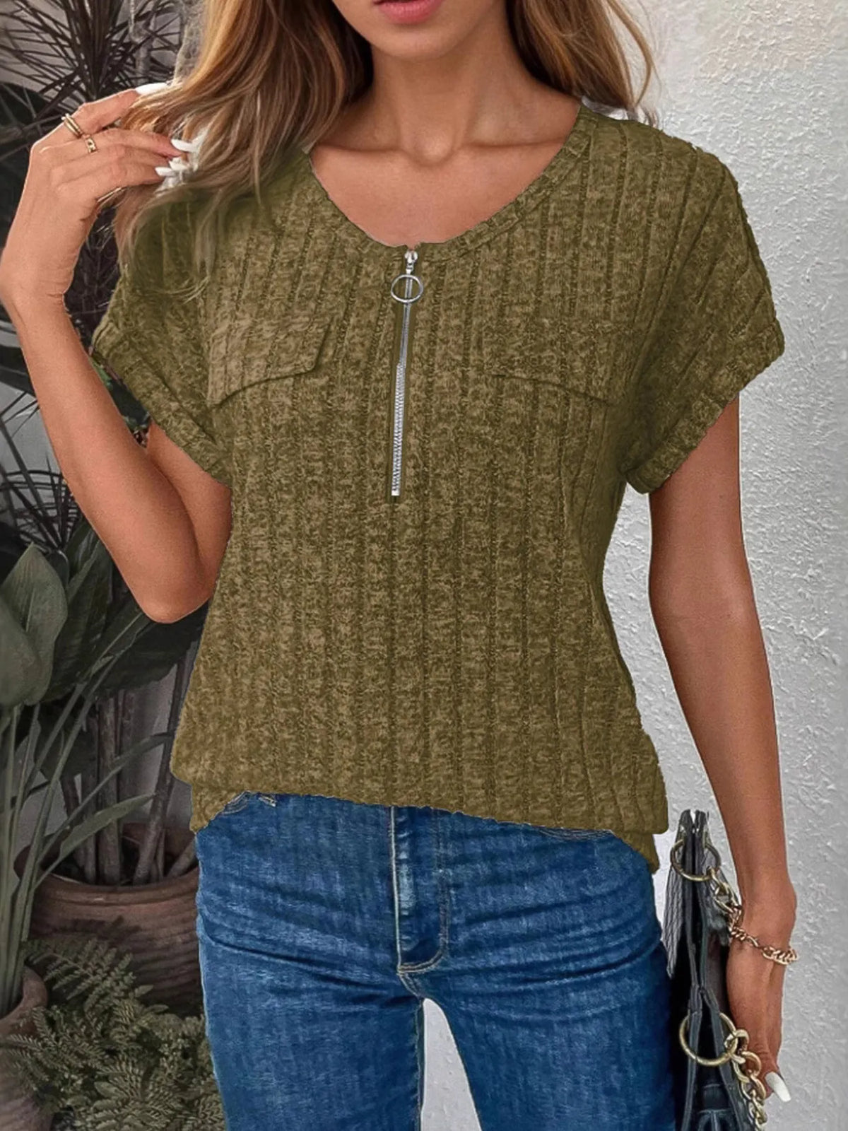 Zip-Front Short Sleeve T-Shirt