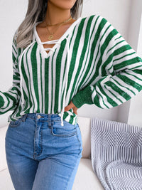 Striped Lace-Up Long Sleeve Sweater