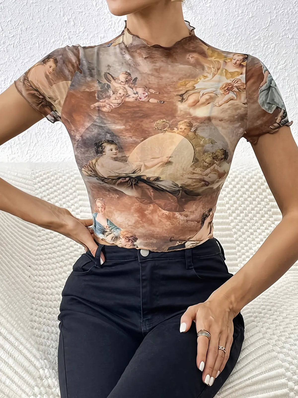 Abstract Print Ruffled Mock Neck Crop T-Shirt